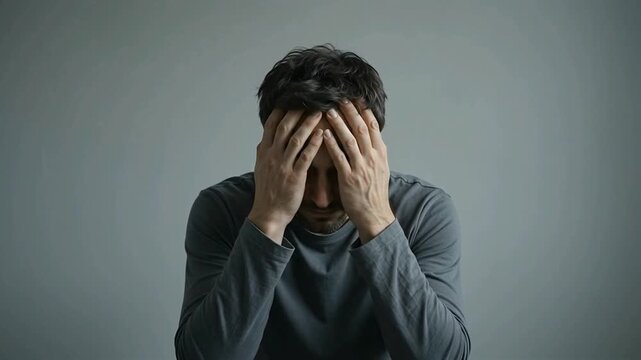Horizontal video of a sad young man covering his face with his hands in despair against a grey wall