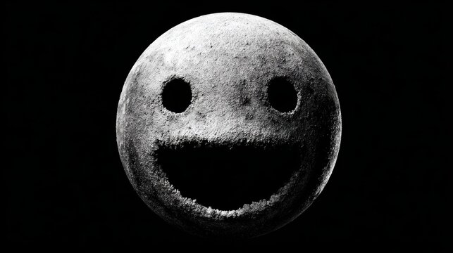 Disturbing Smiley Face: A close-up, grayscale image of a crude, unsettling smiley face etched into a textured surface, its wide grin and vacant eyes exuding an eerie, unsettling vibe.