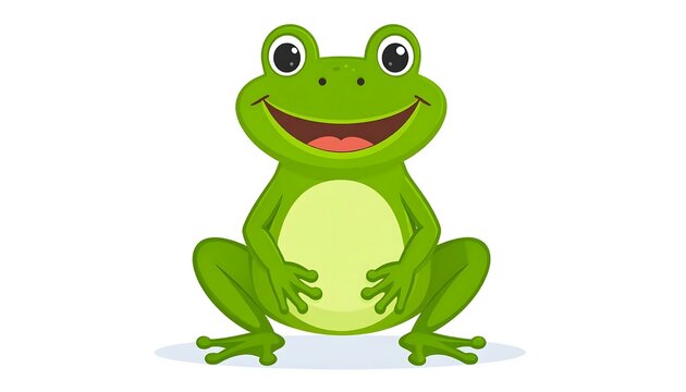 Cartoon green friendly frog character smiling happily.