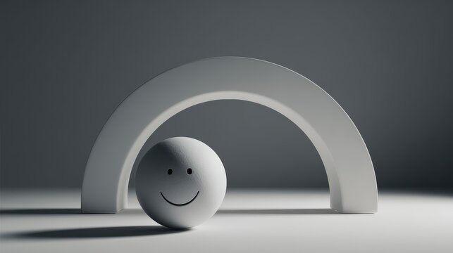 A Sphere of Joy: A simple white sphere with a cheerful smiley face rests serenely beneath a minimalist arch, evoking a feeling of contentment and positivity.