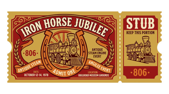 Vintage Iron Horse Jubilee Steam Train Ticket Stub Isolated