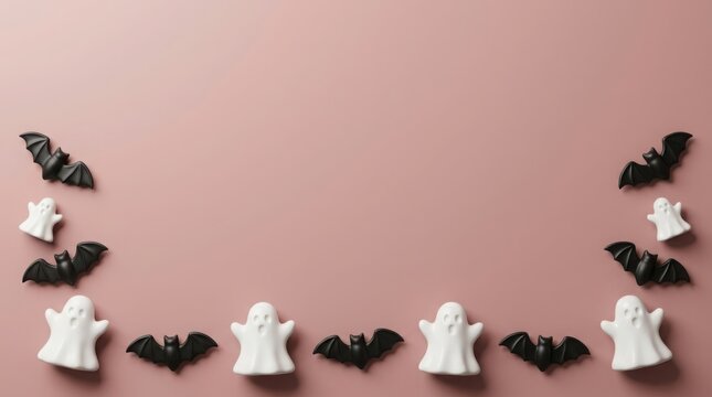 Halloween candy ghosts and bats on a pastel pink background with copy space