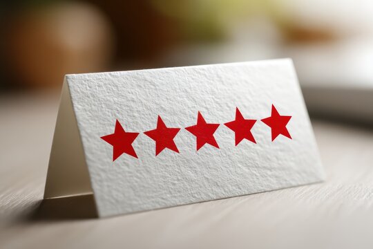Five Star Rating: A close-up shot showcases a small white card with five red stars, symbolizing a perfect customer rating or a top-tier review.