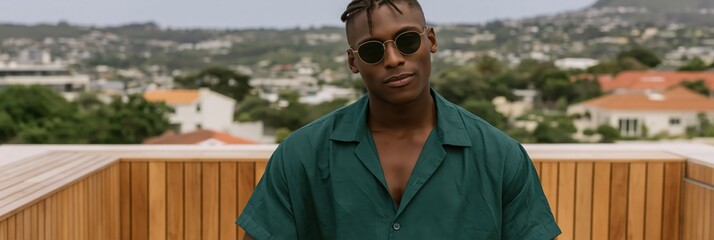 Fototapeta premium Young man in green shirt and sunglasses on rooftop terrace for lifestyle banner and social media background with urban view