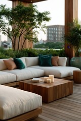 Naklejka premium Modern rooftop patio lounge background with neutral sectional sofa and wooden coffee table for outdoor relaxation and design banner