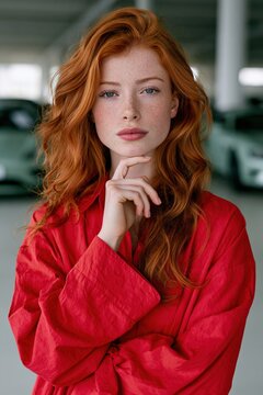 Close-up portrait of redhead woman with freckles and long wavy hair in red shirt for beauty headshot and model portfolio