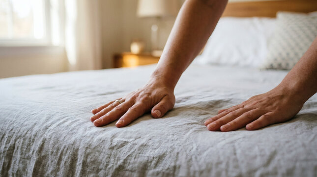 Person smoothing bed sheets in a bedroom with natural light