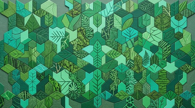 Geometric leaf pattern wall art, green botanical hexagon mosaic, modern tropical foliage mural for interior design isolated PNG with Transparent Background