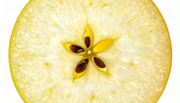 Cross-section of a Golden Apple: A vibrant close-up reveals the intricate star-shaped core and glistening seeds of a golden apple, a testament to nature's perfect geometry.