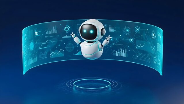Cute robot floating with glowing digital data interface