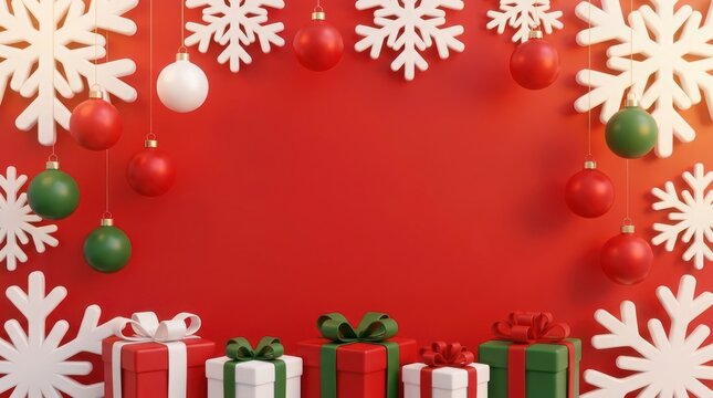 Christmas background with hanging ornaments, snowflakes, and gift boxes on a red backdrop