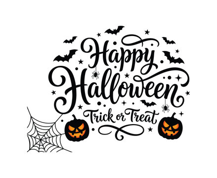 Festive happy halloween lettering with pumpkins bats and haunted house illustration for seasonal designs