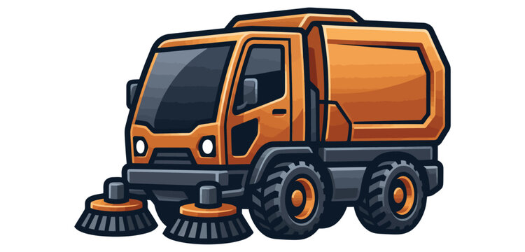 Orange street sweeper truck illustration for urban cleaning and municipal maintenance services.