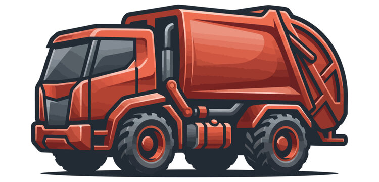 Red garbage compactor truck icon isolated on white background for waste management services.