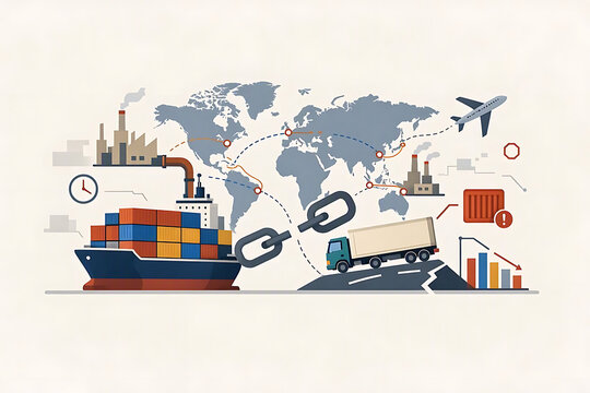 Broken global supply chain concept illustration showing a cargo ship and delivery truck linked by a fractured metal chain against a world map background with shipping cri