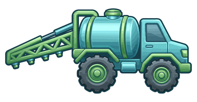 A stylized cartoon illustration of a green agricultural irrigation vehicle on white background.
