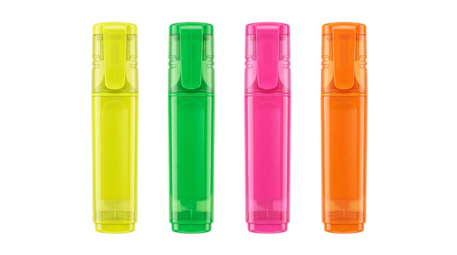 Four brightly colored highlighters arranged in a png on isolated transparent background