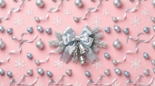 Christmas flat lay with silver ornaments, bells, and ribbons on pink background