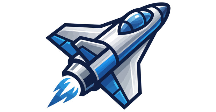 A stylized blue and white spaceplane icon isolated on white background.