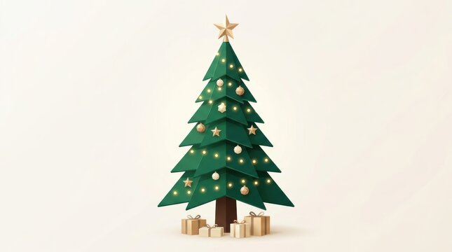 3d illustration of a stylized christmas tree with golden ornaments and gifts underneath, isolated on white background
