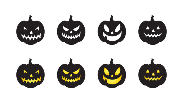 A collection of eight uniquely carved jack o' lantern icons perfect for halloween themed designs and