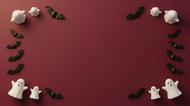 Halloween ghosts and bats arranged on a dark red background with copy space