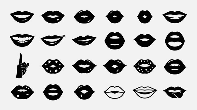 Lips vector icon set with black silhouette mouth shapes and kiss marks for beauty and fashion design