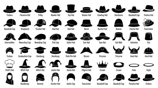Hat and headwear vector icon set with black silhouette caps helmets and crowns for fashion and clothing design