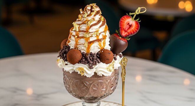 Lavish Chocolate Truffle Dessert in an Ornate Glass
Decadent Chocolate Parfait with Whipped Cream and Caramel
Indulgent Layered Chocolate Treat with Strawberry Garnish