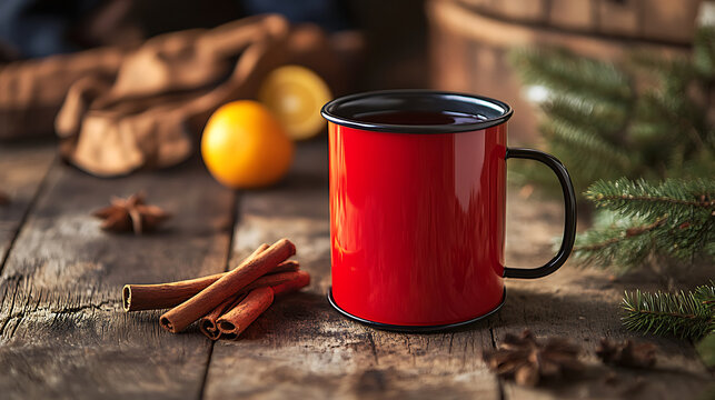 Christmas mug with snowflake pattern, hot drink and spices