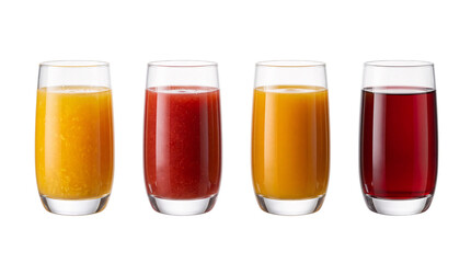 Four glasses of assorted fruit juices in a row on png on isolated transparent background © PNG Studio 99