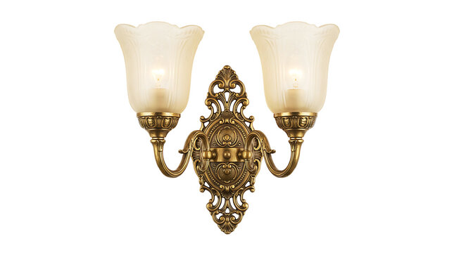 Elegant gold wall sconce with two candle holders and floral design isolated on transparent background