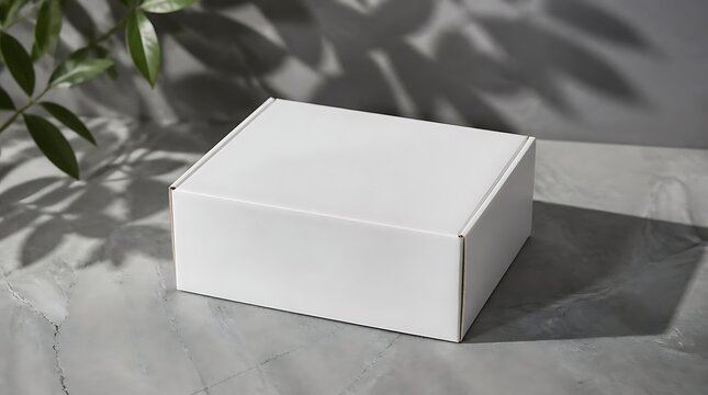 Blank white cardboard box casting a shadow on a textured surface with green leaves.