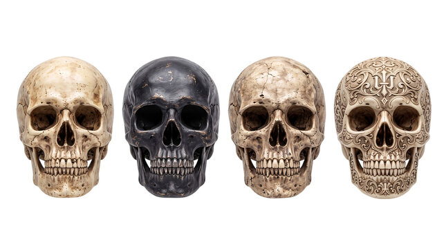 Four skulls: aged, black, cracked, and ornate png on isolated transparent background