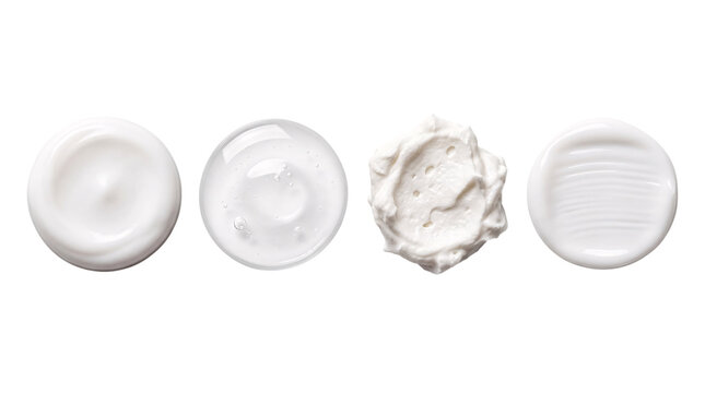 Four swirls of white cream or lotion on white png on isolated transparent background