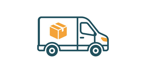 Fototapeta premium Delivery van vector icon depicting a cargo freight automobile marked with a cardboard parcel package symbol.