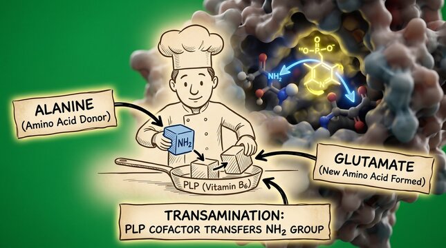 Aminotransferase enzyme transamination mechanism diagram with PLP cofactor illustration