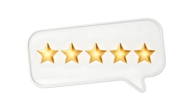 Five star rating PNG with golden stars inside white speech bubble isolated on transparent background for customer review design