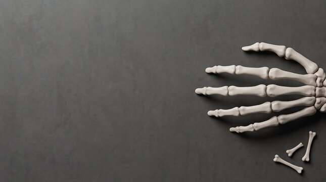Human skeleton hand placed on a dark black background with small bones scattered around the side view