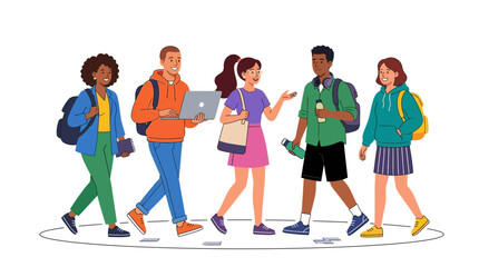 Fototapeta premium Diverse Group of Gen Z College Students Walking Together on Campus, Carrying Backpacks, Water Bottles and Laptop, Modern Flat Vector Illustration Isolated on White Background.