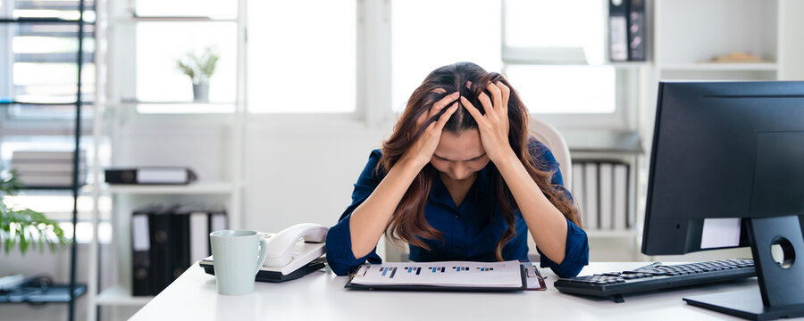 Tired disappointed frustrated business woman facepalm gesture at workplace. Burnout crisis. Project failure. Workload stress.