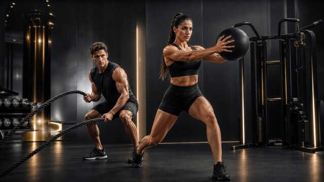 Athletic man and woman training in, dark modern gym with battle ropes and medicine ball, powerful fitness advertising scene for branding.

