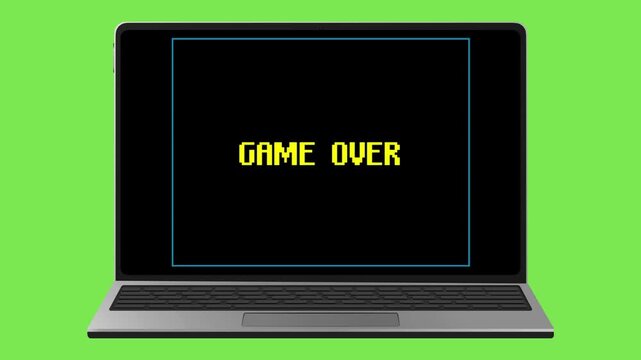 A vibrant digital illustration depicting a contemporary laptop showcasing a pixelated 'GAME OVER' message, symbolizing the abrupt conclusion of a virtual gaming session or digital challenge