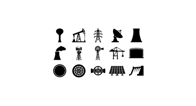 Industrial Icons Set: Energy, Manufacturing, and Infrastructure Symbols. Vector Graphics.
