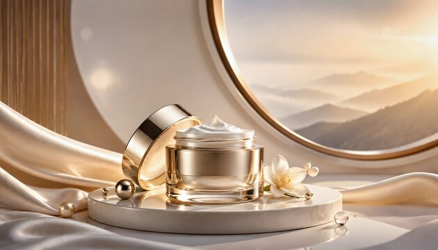 Luxury perfume bottle on a metallic tray beside a round mirror in a warm cream interior with soft light, elegant beauty branding and advertising.

