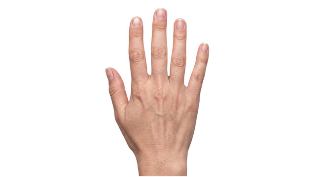 Open human hand with yellow nail polish on white png on isolated transparent background