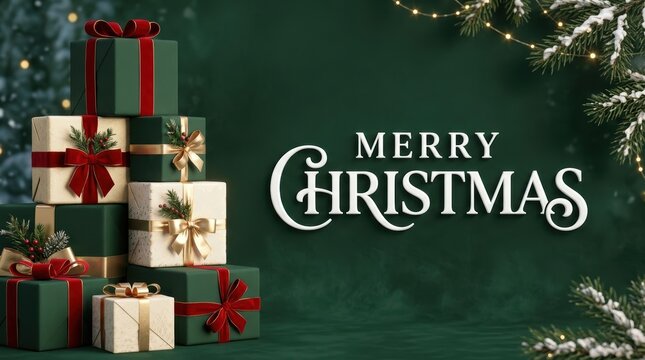 Stack of elegant christmas gift boxes with red and gold ribbons on a dark green background with festive lights and pine branches