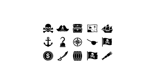 Pirate Icons Set: Skull, Ship, Treasure Chest, Map, Anchor, Hook, Compass, Sword, Barrel, Spyglass
