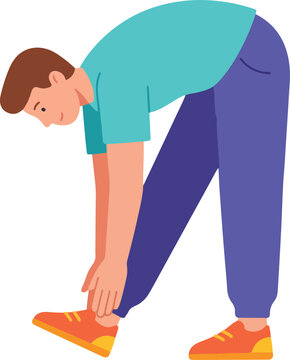A young athletic man wearing comfortable sportswear performs a hamstring stretch bending down to touch his toes demonstrating correct physical exercise form during a morning routine