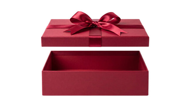 Open red gift box with satin ribbon and bow on png on isolated transparent background